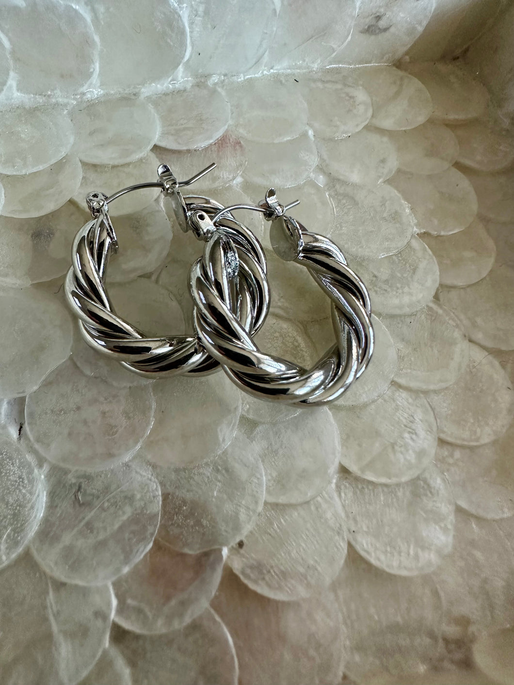 Silver Twist Shiny Hoop Earrings